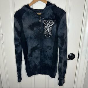 Y2K Rock & Roll Cowgirl Blue & Black Tie Dye Bling Cross Zip Up Jacket Sz M